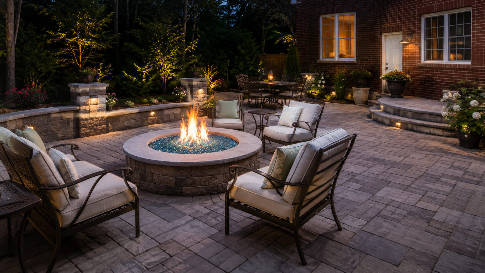 Illuminated paver patio with a stone fire pit, seating walls and landscape lighting at dusk